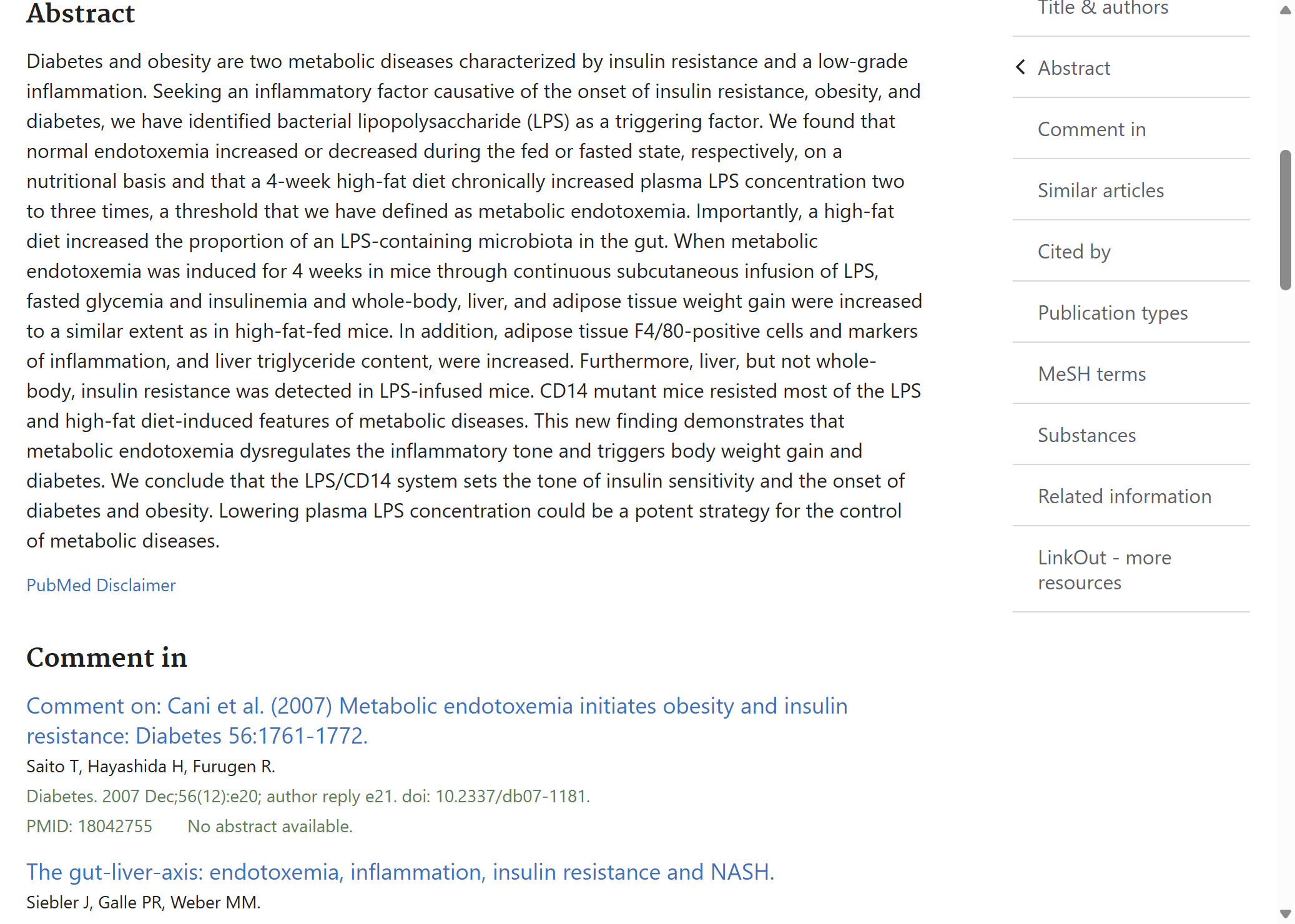 Cani 2007 Diabetes — 代谢性内毒素触发肥胖和胰岛素抵抗