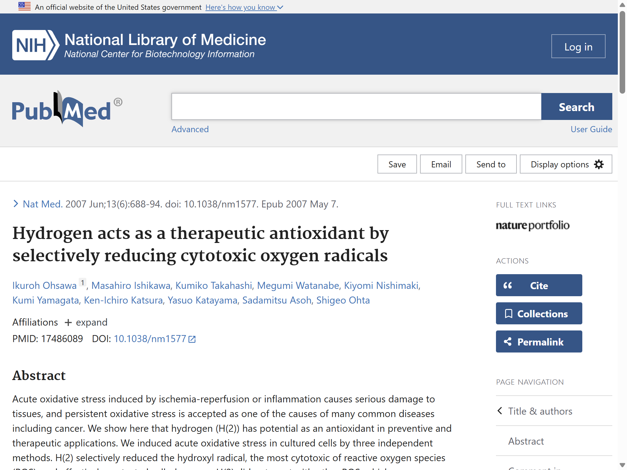 Ohsawa 2007 Nature Medicine — 分子氢选择性抗氧化